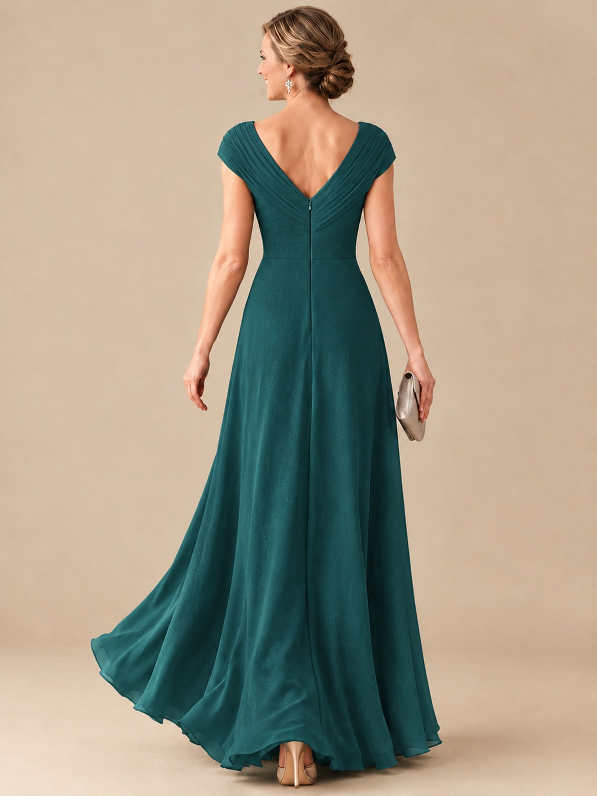 Pleated Chiffon Lace Mother of The Bride Dresses with Beading Cap Sleeves