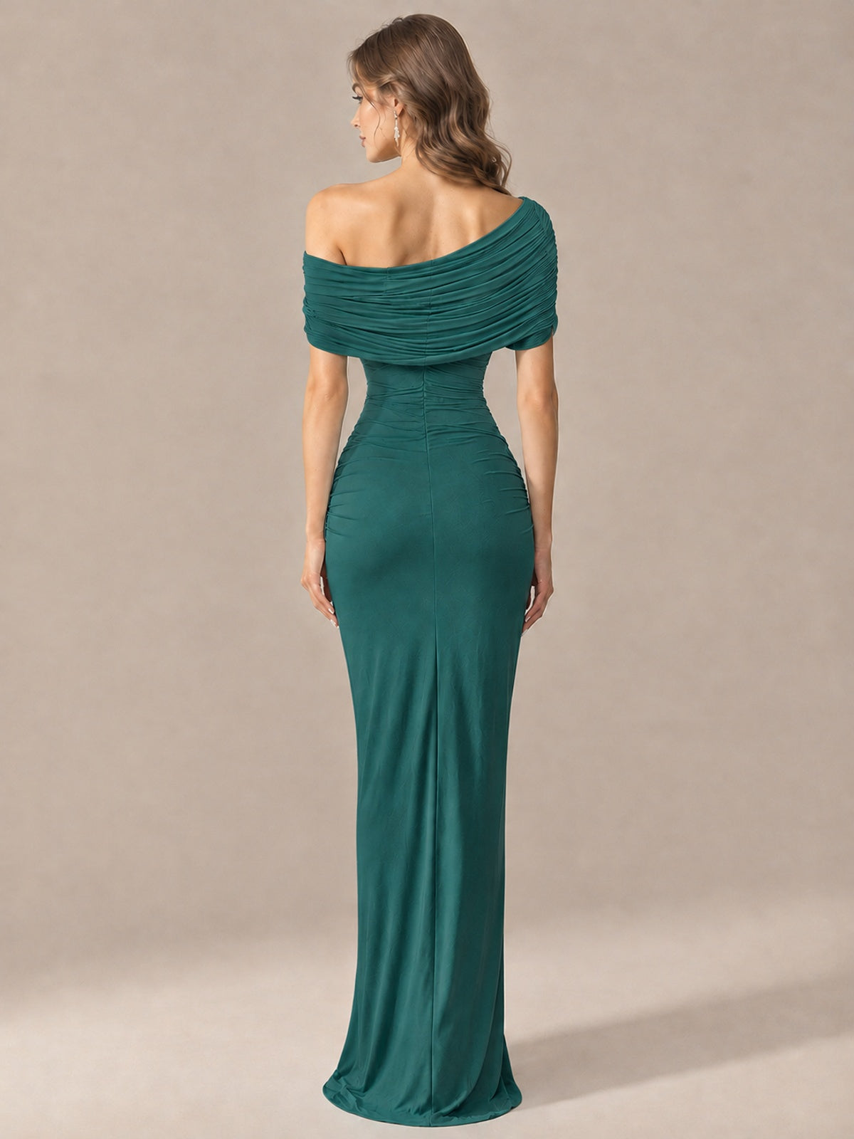 Elegant Draped Off Shoulder Ruched Mermaid Chiffon Formal Evening Gown