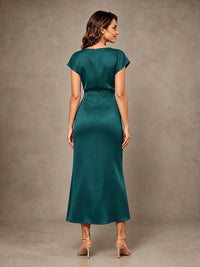 Cowl Neck Satin Mother of the Bride Dress with Ruched Waist
