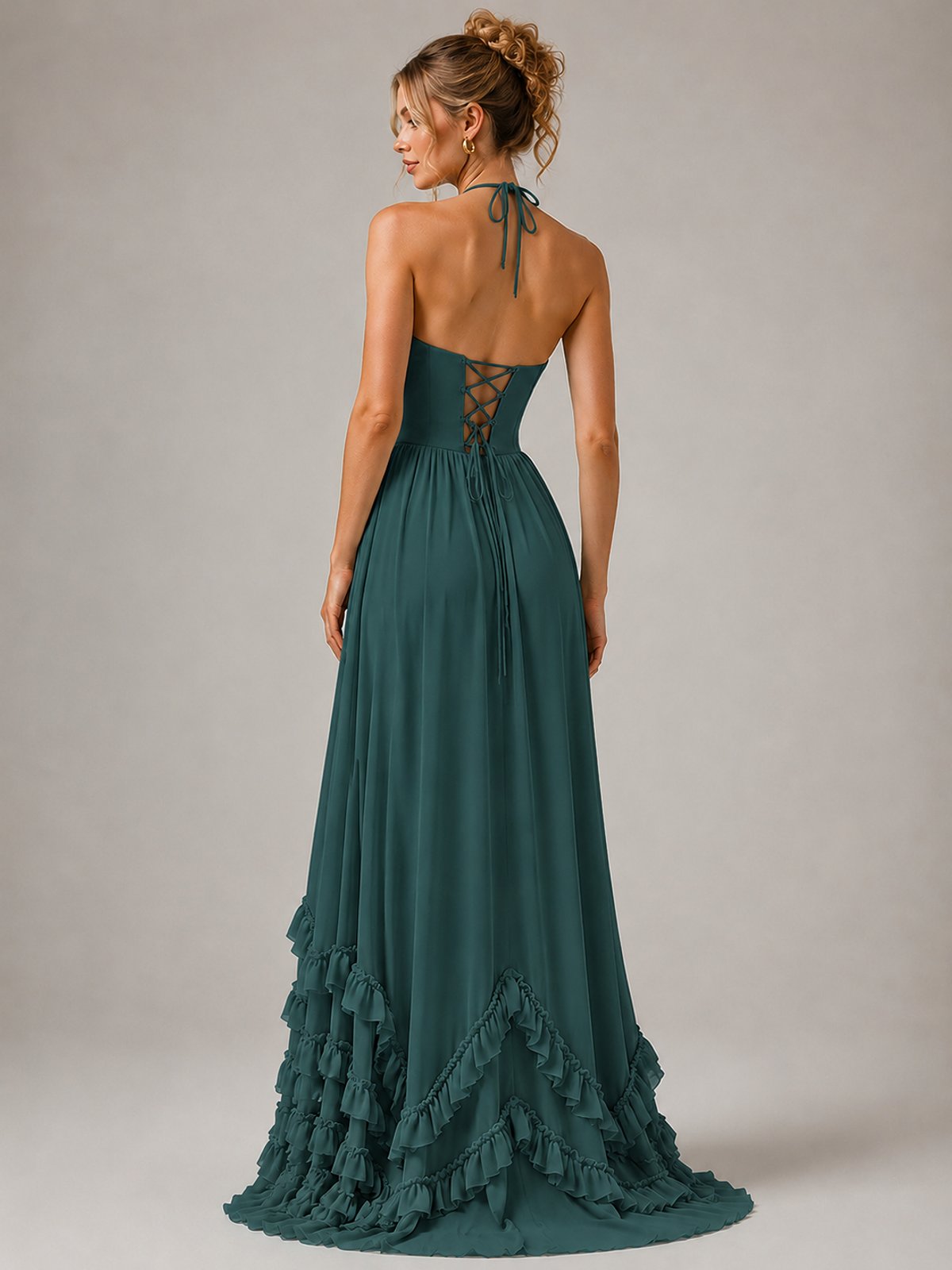 Halter V Neck Chiffon Formal Dress with Lace-Up Back and Ruffle Hem