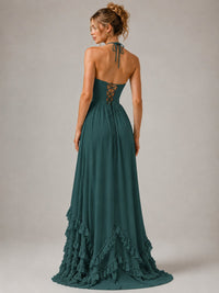 Halter V Neck Chiffon Formal Dress with Lace-Up Back and Ruffle Hem