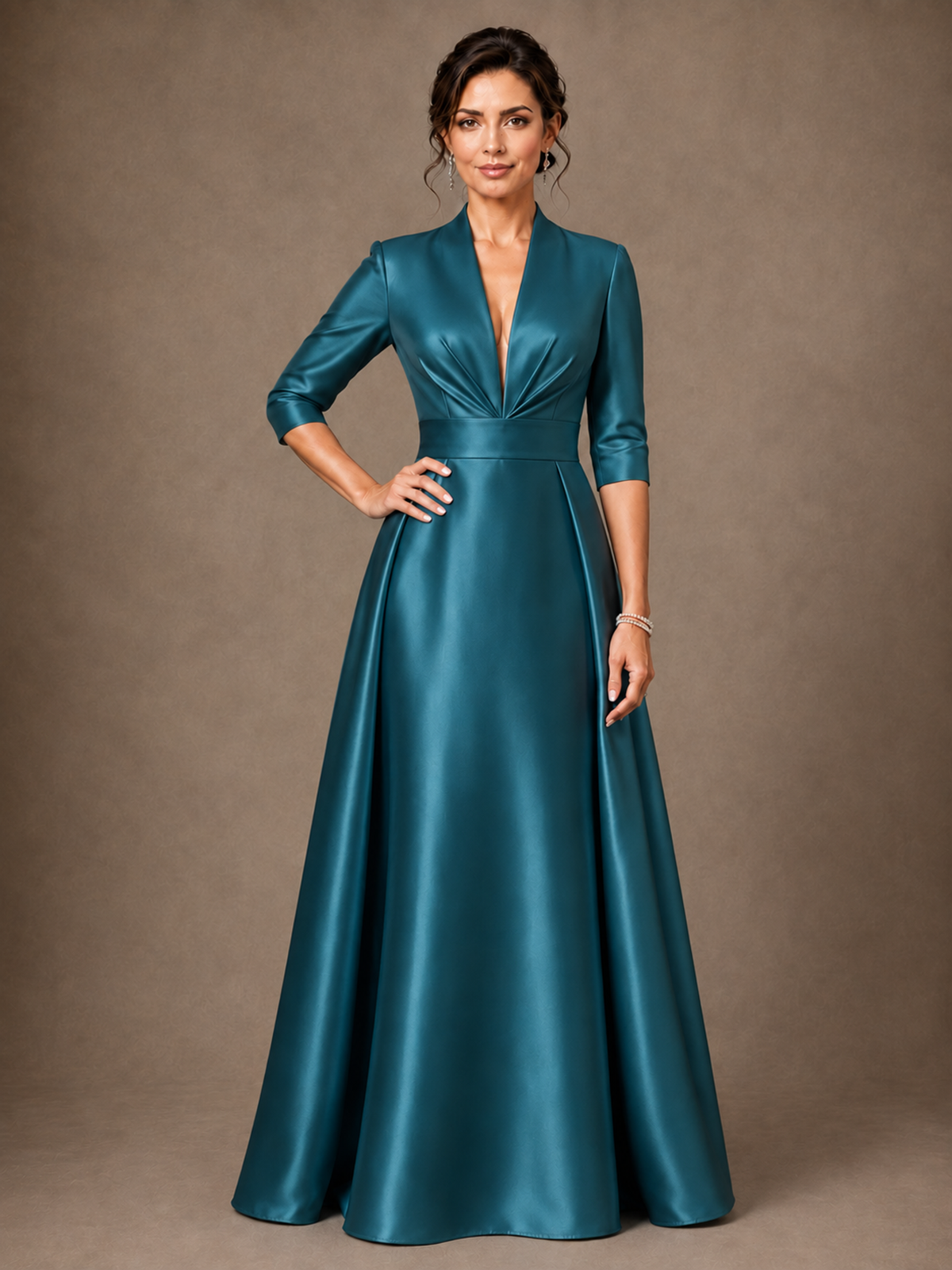 V-Neck Pleated Satin Mother of the Bride Gown with 3/4 Sleeves