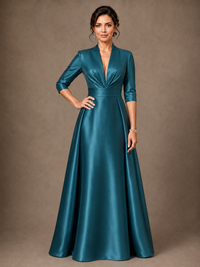 V-Neck Pleated Satin Mother of the Bride Gown with 3/4 Sleeves
