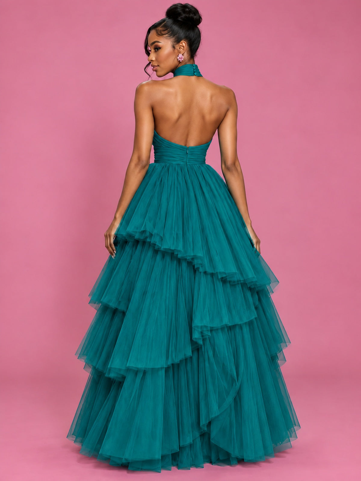 Hot Pink Tulle Halter Neck Tiered Ruffle Maxi Dress