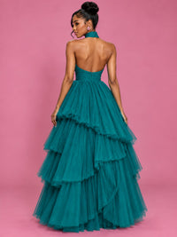 Hot Pink Tulle Halter Neck Tiered Ruffle Maxi Dress