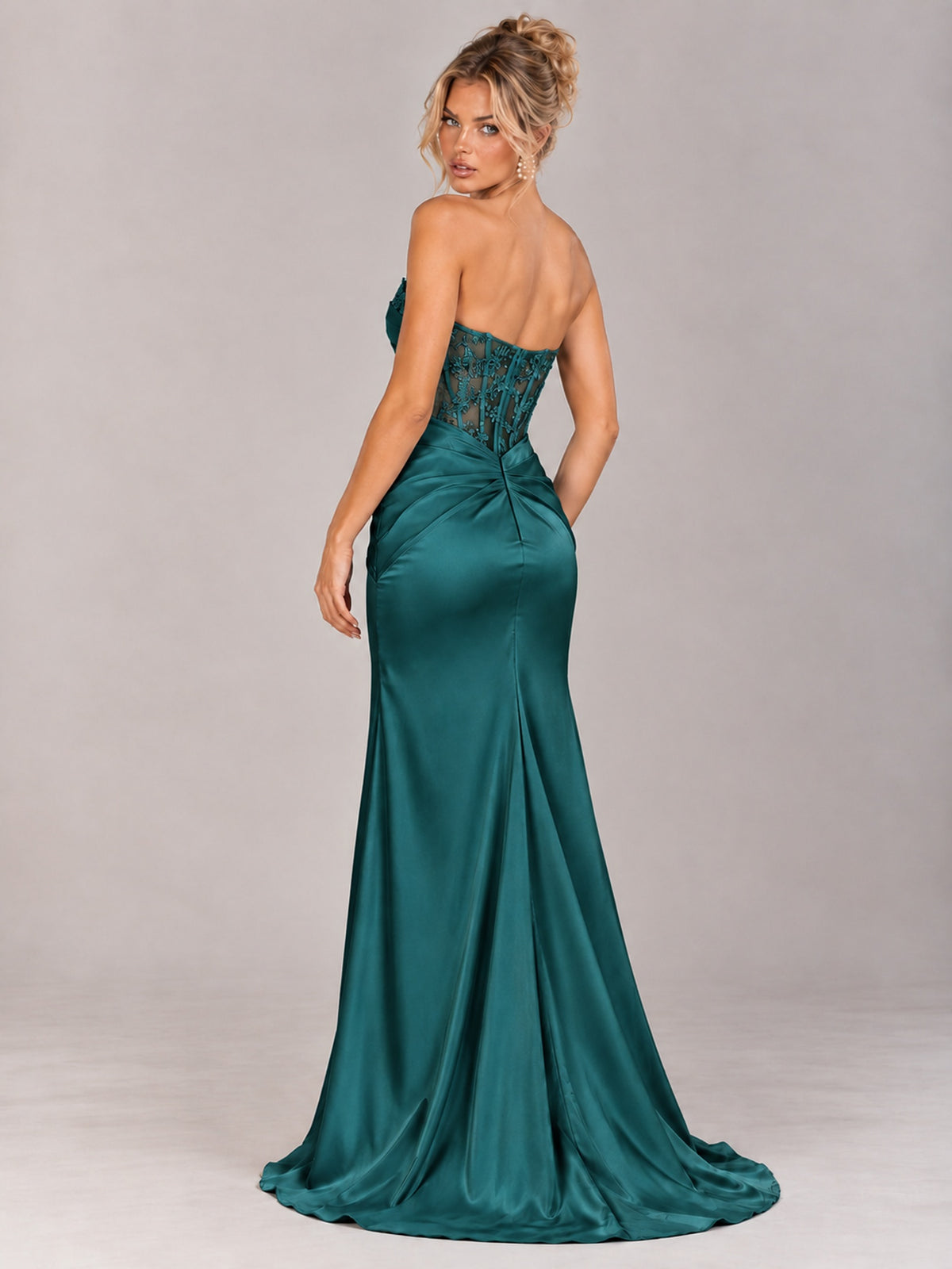 Strapless Satin Prom Dress with Sheer Lace Corset & High Slit