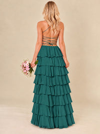 Ruffled Tiered Chiffon Prom Dress Spaghetti Straps Formal Maxi Dress with Slit