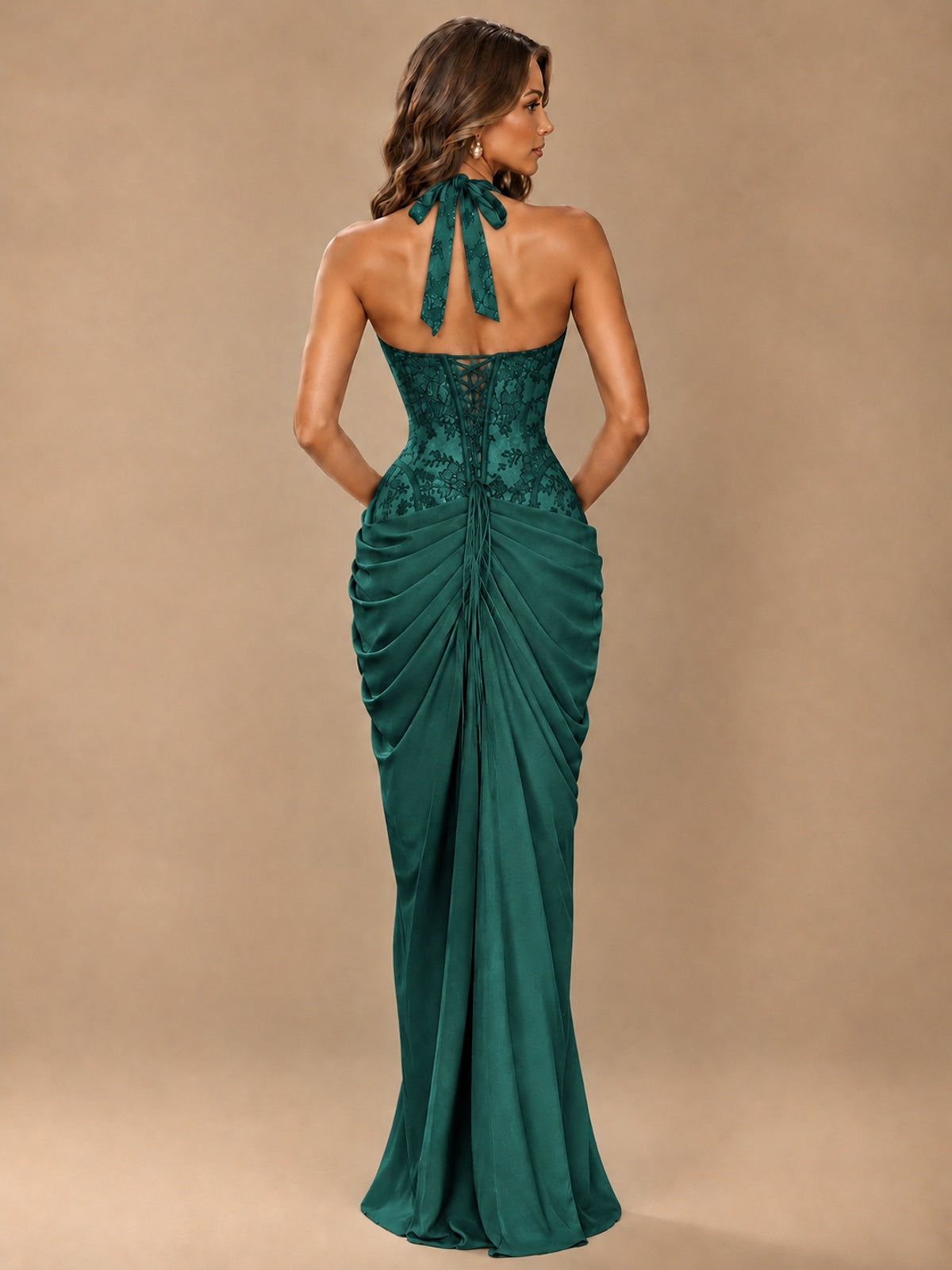 Sweetheart Halter Prom Dress Pleated Lace Floral Formal Dress with Slit