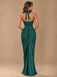 Sweetheart Halter Prom Dress Pleated Lace Floral Formal Dress with Slit