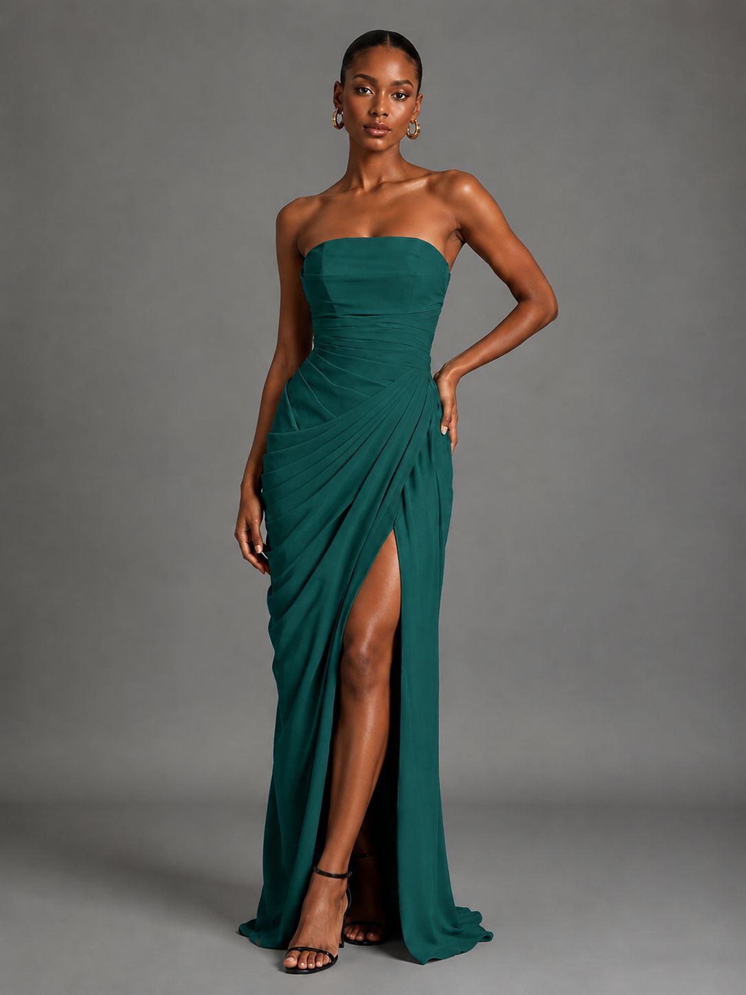 Strapless Bodycon Pleated Chiffon Formal Dress with Slit