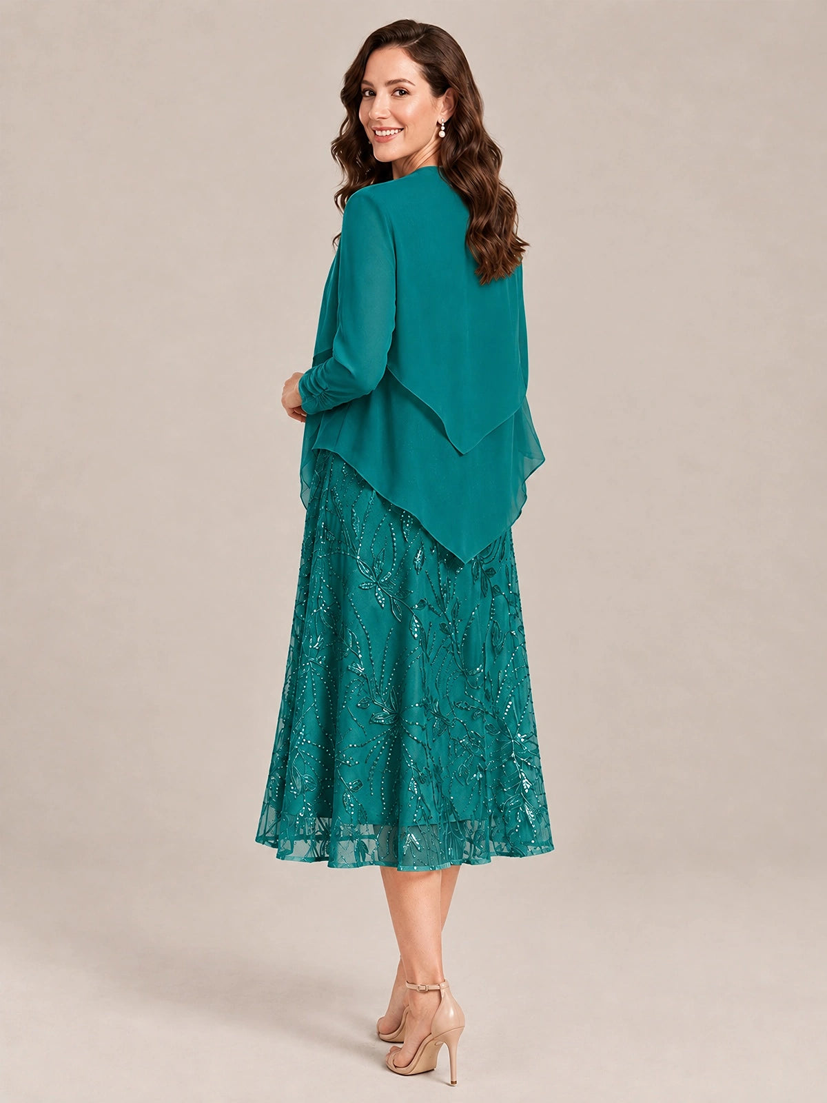 Tea Length Sequin Lace Mother of the Bride Dress with Chiffon Jacket