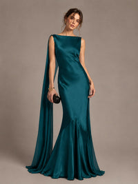 Burgundy Satin Mermaid Cape Maxi Dress