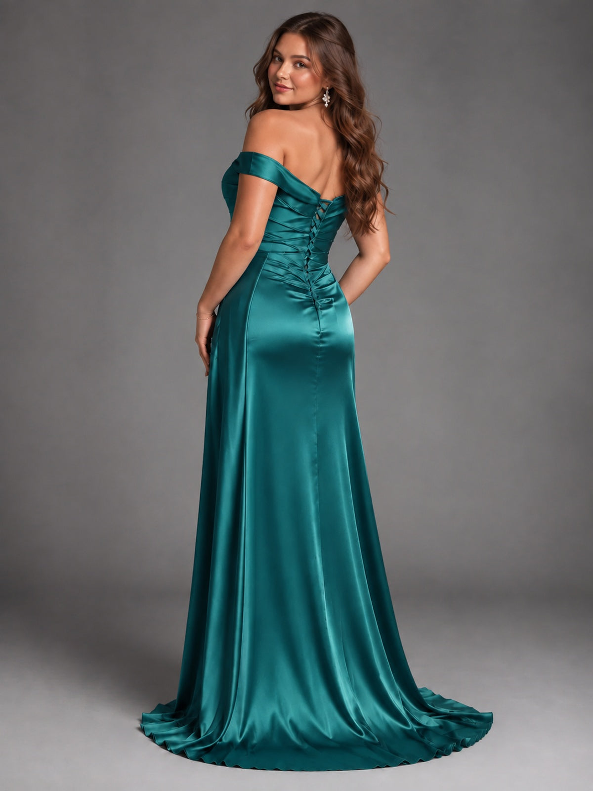 Off Shoulder Satin Maxi Dress with Slit