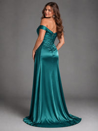 Off Shoulder Satin Maxi Dress with Slit