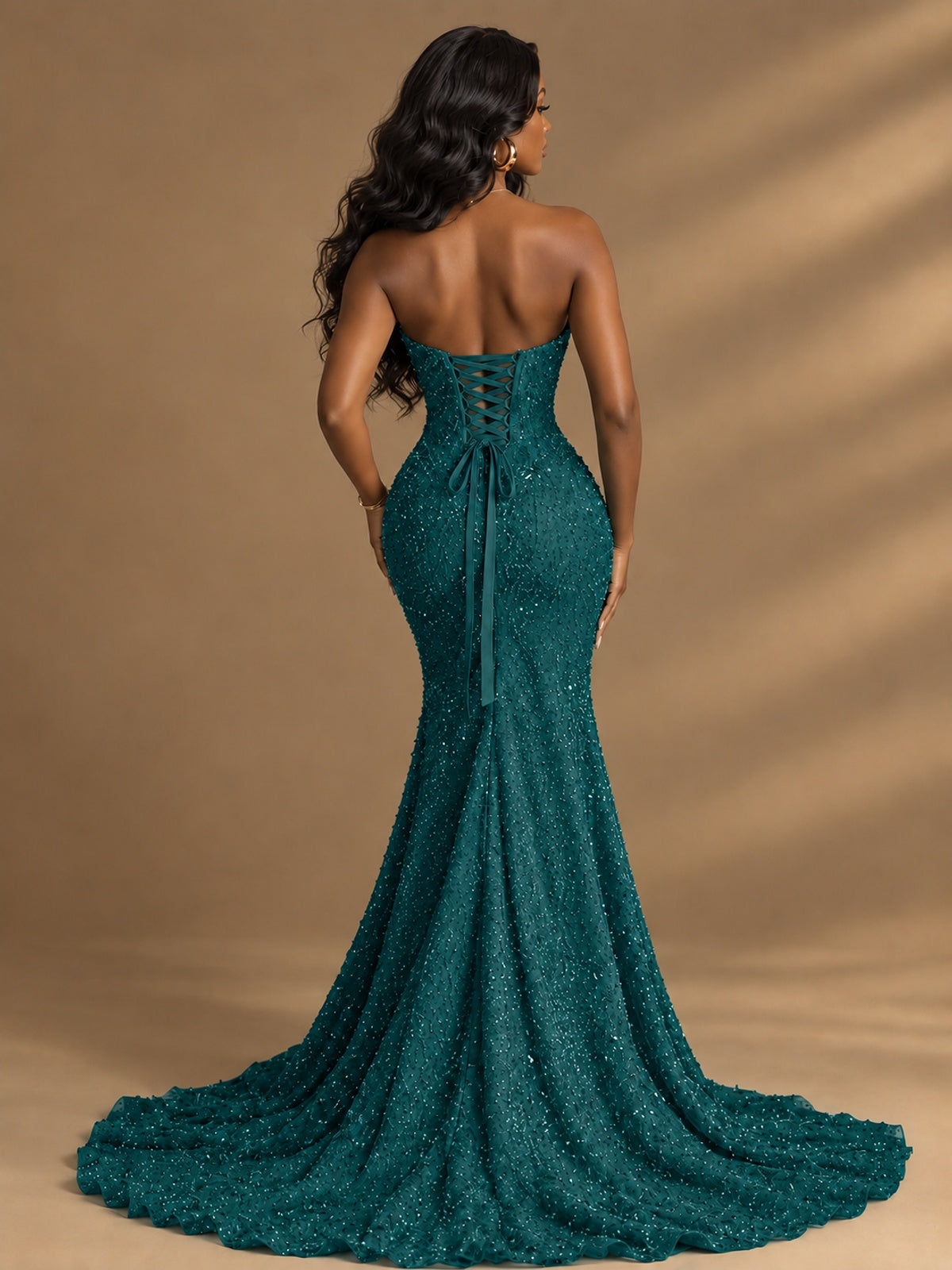 Beaded Sequin Prom Dress Strapless Formal Gowns with High Slit Train