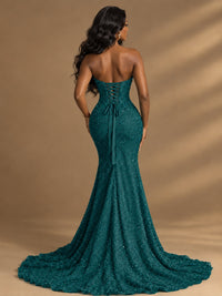 Beaded Sequin Prom Dress Strapless Formal Gowns with High Slit Train