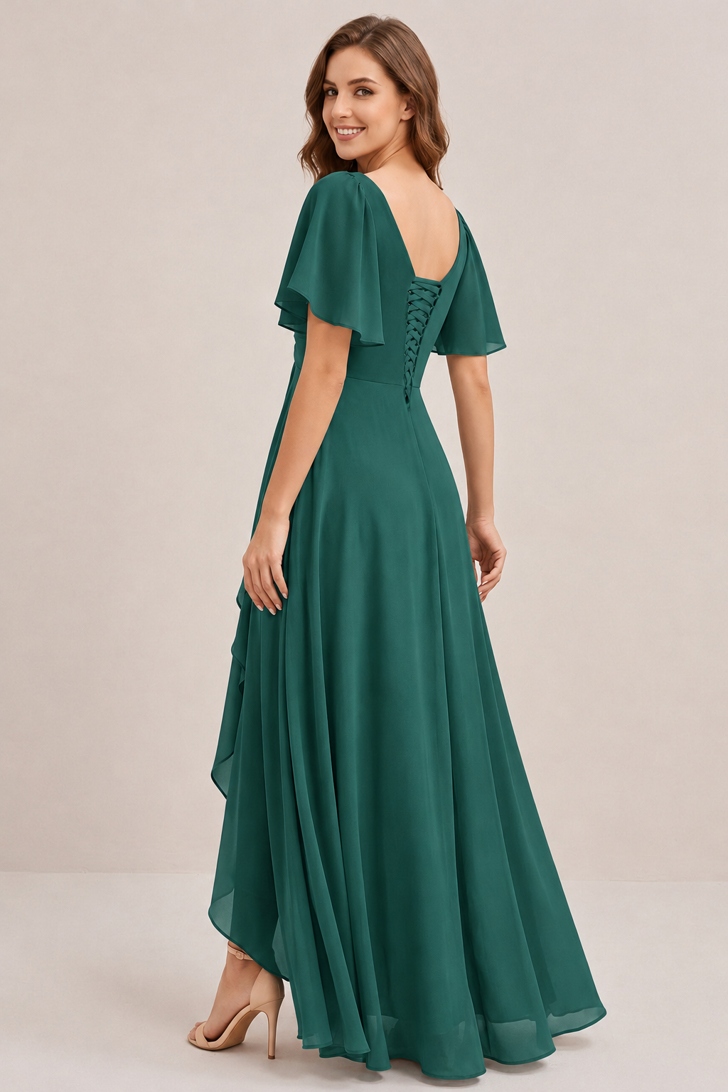 Dusty Blue Chiffon Bridesmaid Dress with Flutter Sleeves & High-Low Hem