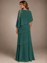 Elegant Chiffon Cape Sleeve Beaded Mother of the Bride Dress