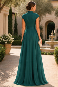 V Neck Cap Sleeve A-Line Floor-Length Satin Bridesmaid Dress