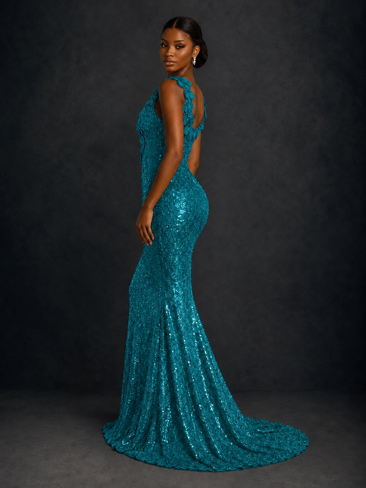 Gold Sequin Floral Applique Mermaid Prom Dress