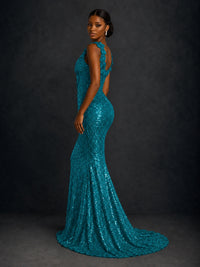 Gold Sequin Floral Applique Mermaid Prom Dress