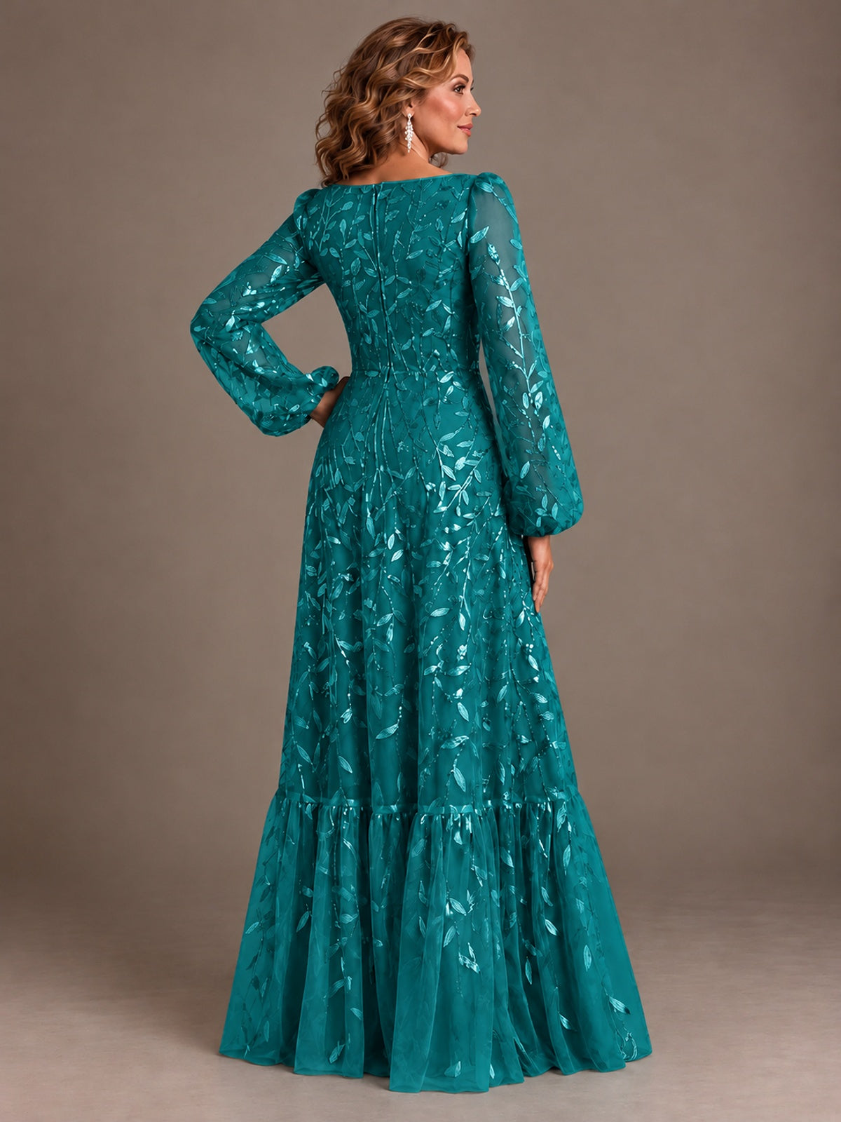 Floral Sequin Embroidered A-Line Mother of the Bride Dress with Long Sleeves
