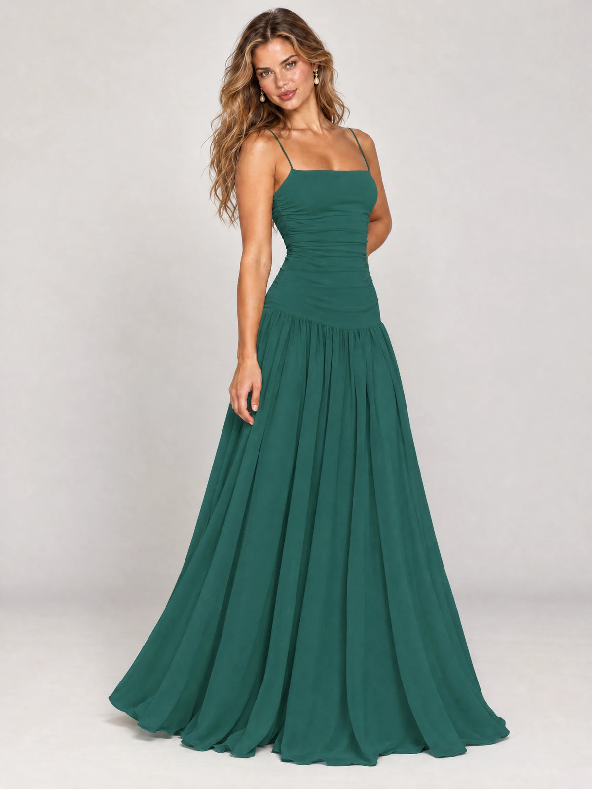 Butter Yellow Ruched Spaghetti Strap Drop-Waist Prom Dress