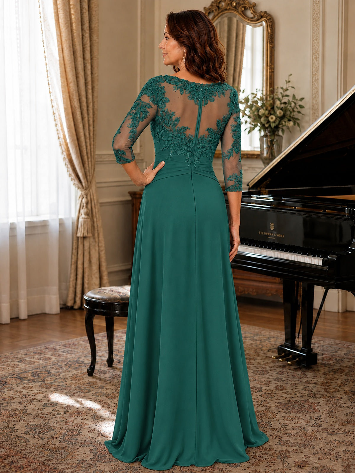A-Line Chiffon Mother of the Bride Dress with Floral Applique 3/4 Sleeves