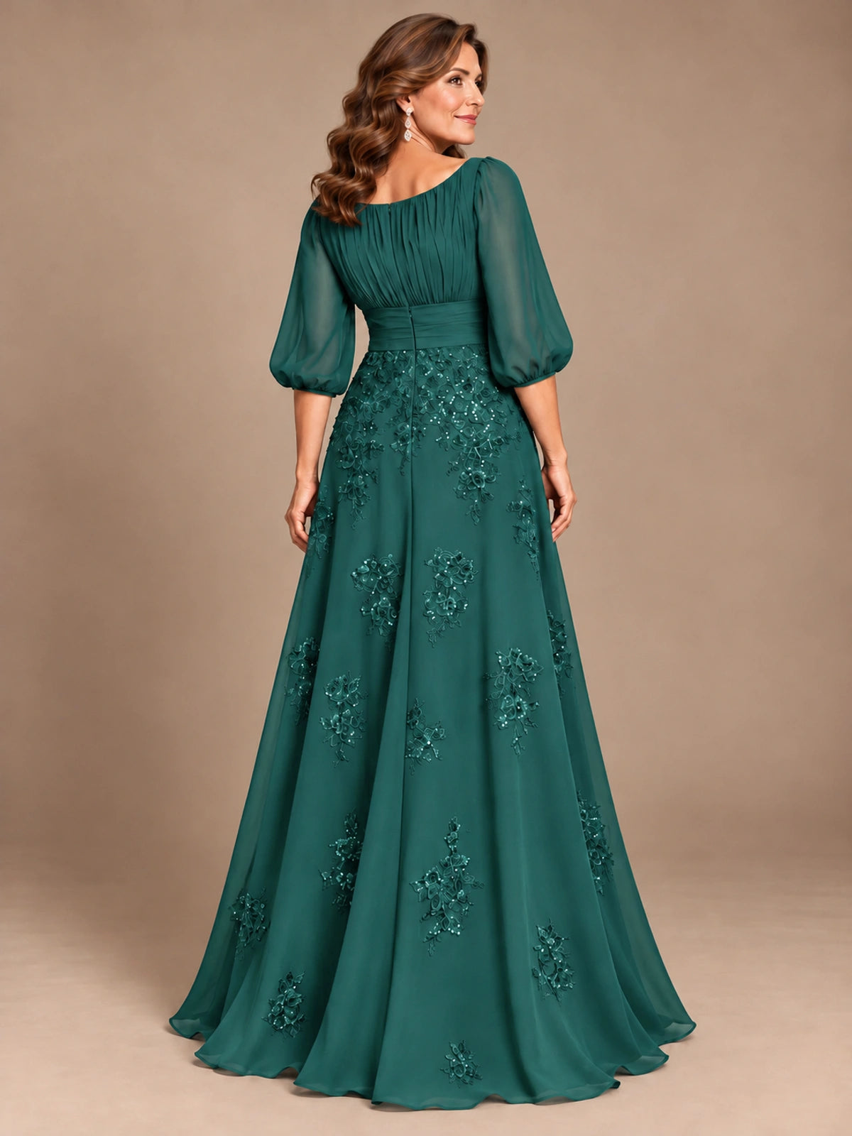 A-Line Mother of the Bride Dress with Sheer Puff Sleeves