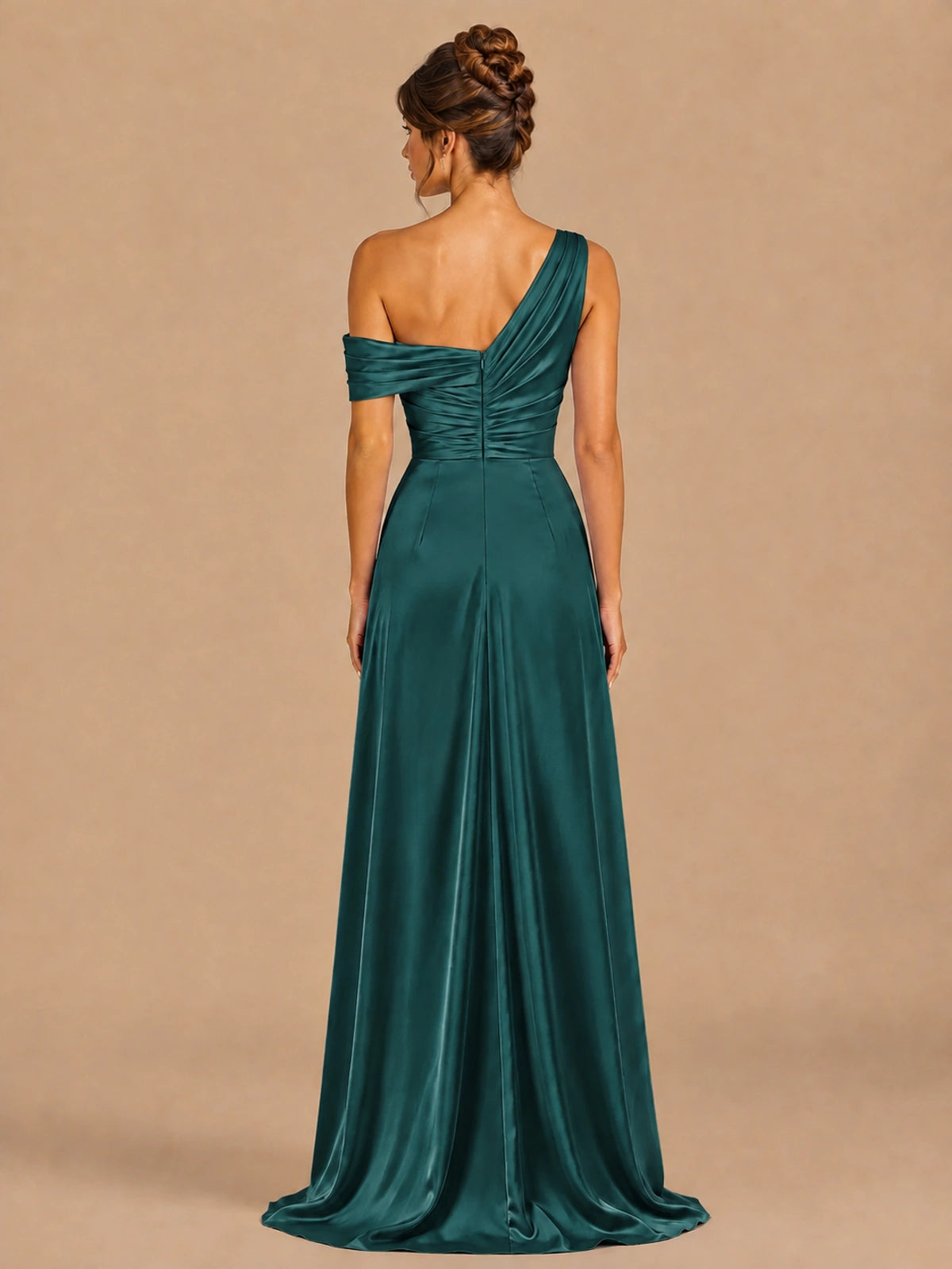 Satin One Shoulder Prom Dress Ruched Long Formal Evening Gown