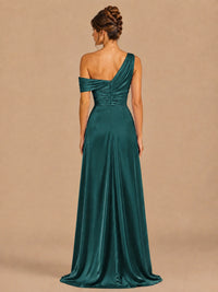 Satin One Shoulder Prom Dress Ruched Long Formal Evening Gown