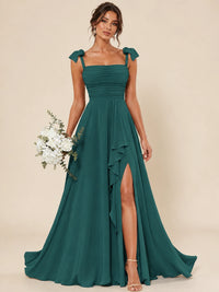 Ruffle Slit Chiffon A Line Scoop Neck Bridesmaid Dresses with Pockets