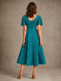 V-Neck Floral Jacquard Tea-Length Mother of the Bride Dress