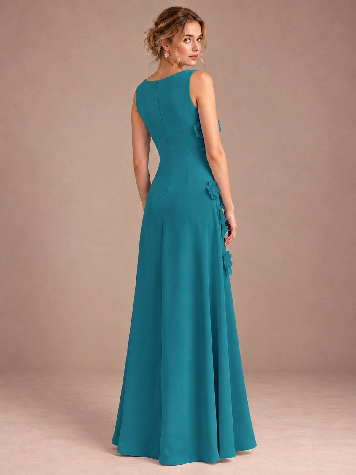 3D Floral Applique Sleeveless Formal Maxi Dress