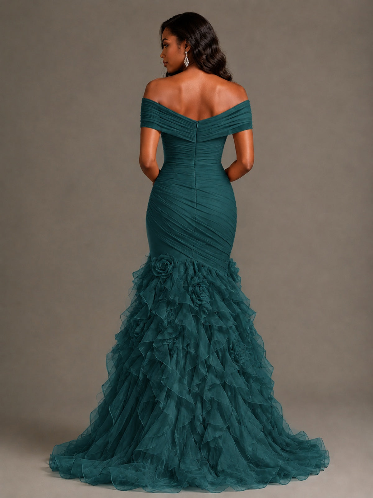 Pink Off-the-Shoulder Mermaid Prom Dress with Ruffles 3D Flowers