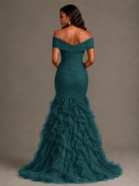 Pink Off-the-Shoulder Mermaid Prom Dress with Ruffles 3D Flowers