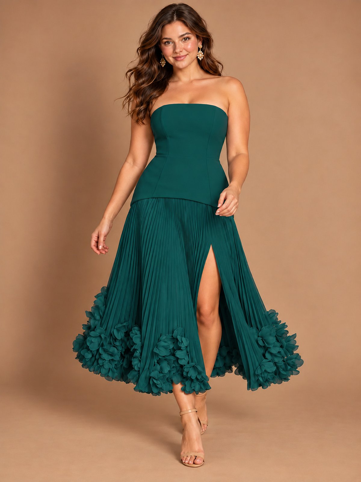 Navy Blue Strapless Pleated A-Line Midi Dress with 3D Floral Applique
