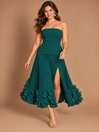 Navy Blue Strapless Pleated A-Line Midi Dress with 3D Floral Applique