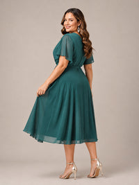 Navy Blue A-Line V-Neck Tea-Length Mother of the Bride Dress