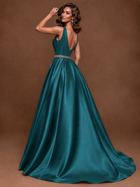 Satin A-Line Prom Dress Sleeveless Beaded Waist Formal Gown with Pockets