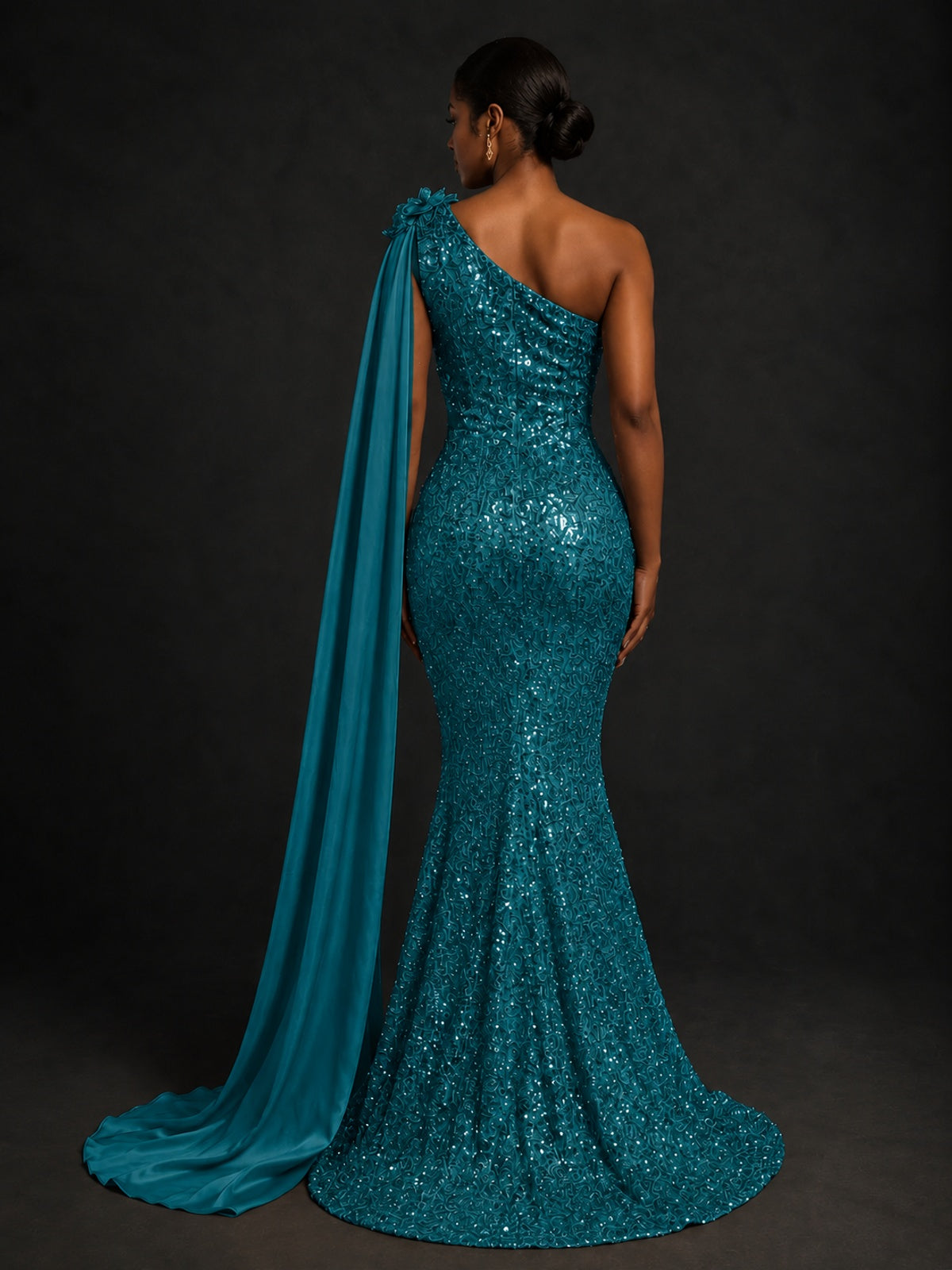 Gold Sequin One Shoulder Mermaid Prom Dress with Cape