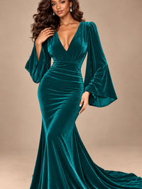 Burgundy Velvet Deep V-Neck Ruched Long Sleeve Maxi Dress