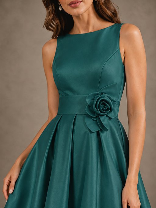 Tea-Length Satin Mother of the Bride Dress with 3D Flower Detail