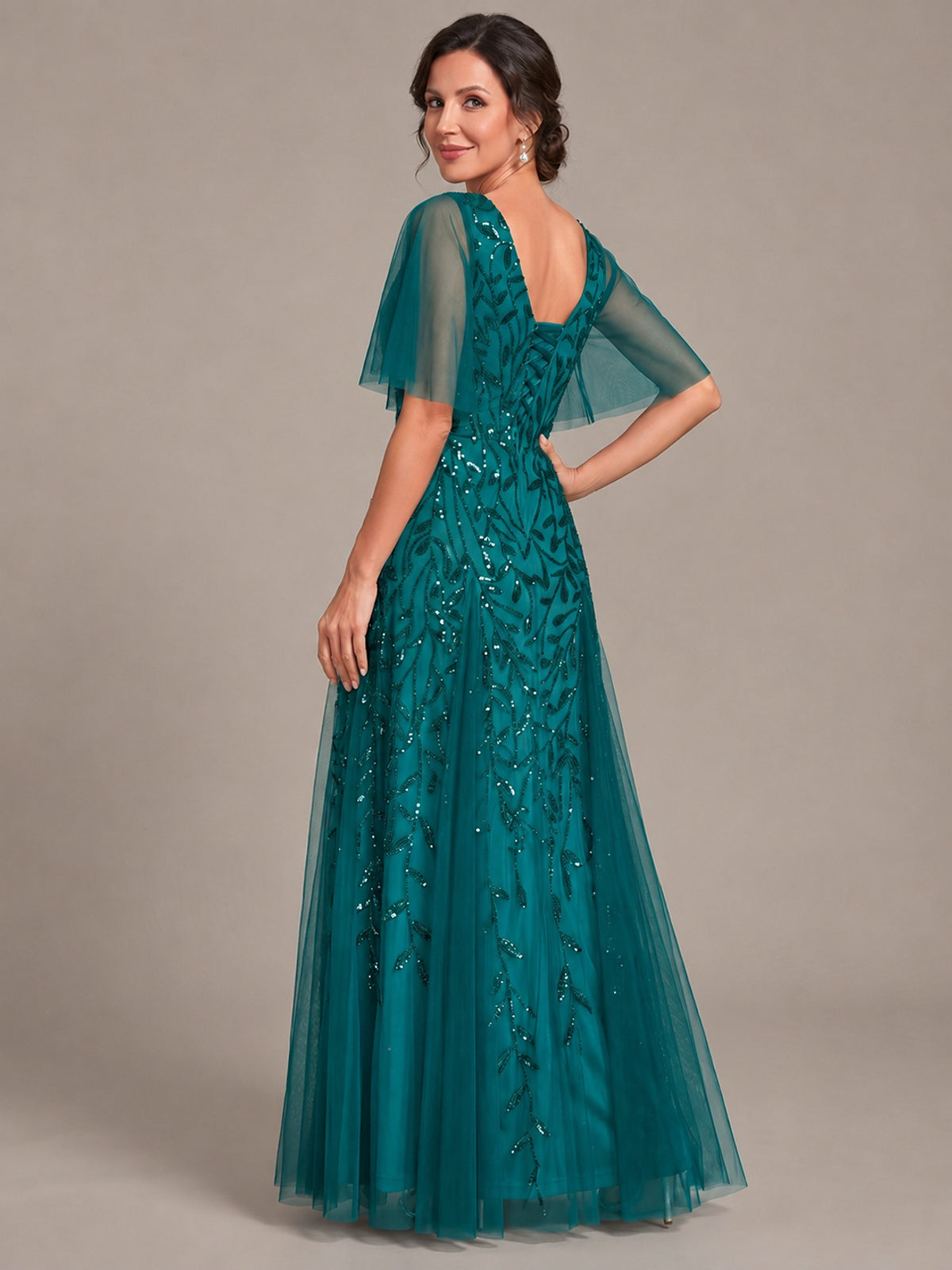 V-Neck Sequin Tulle Mother of the Bride Dress with Flutter Sleeve