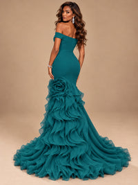 Dusty Blue Off-the-Shoulder Mermaid Prom Dress with 3D Rose & Ruffles
