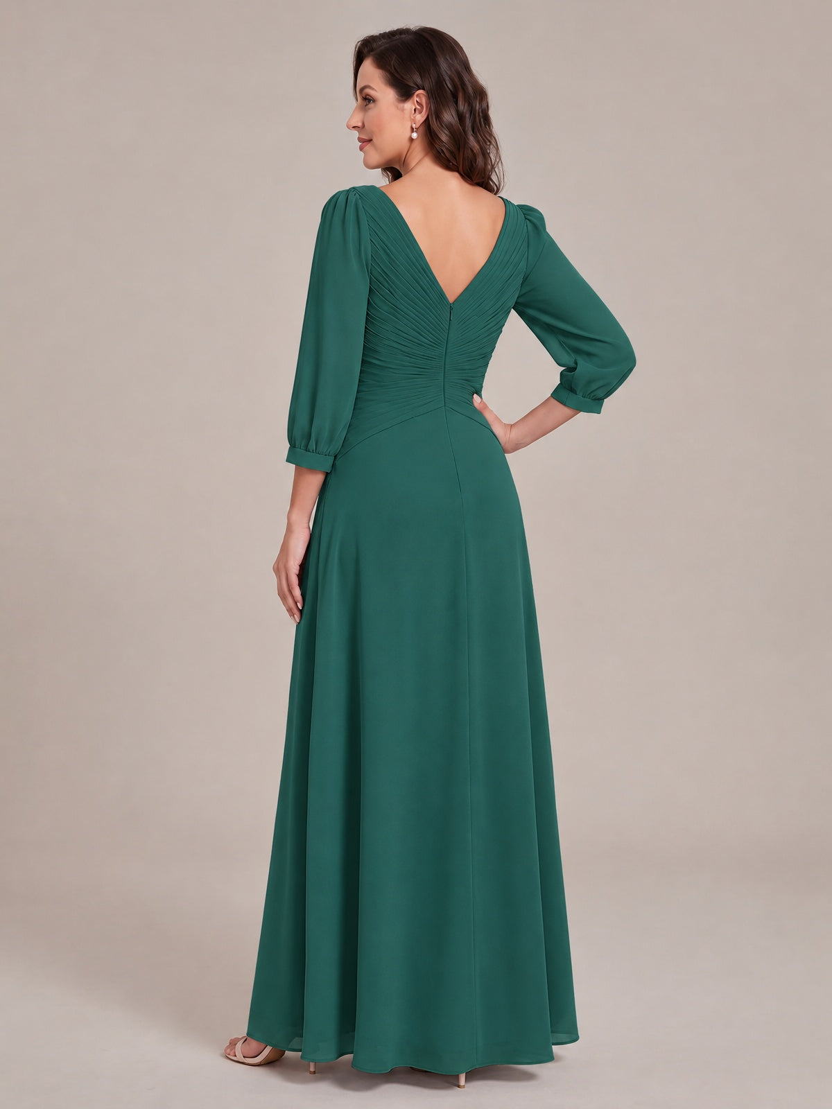 V-Neck Pleated Chiffon Mother of the Bride Dress with Flutter Sleeves