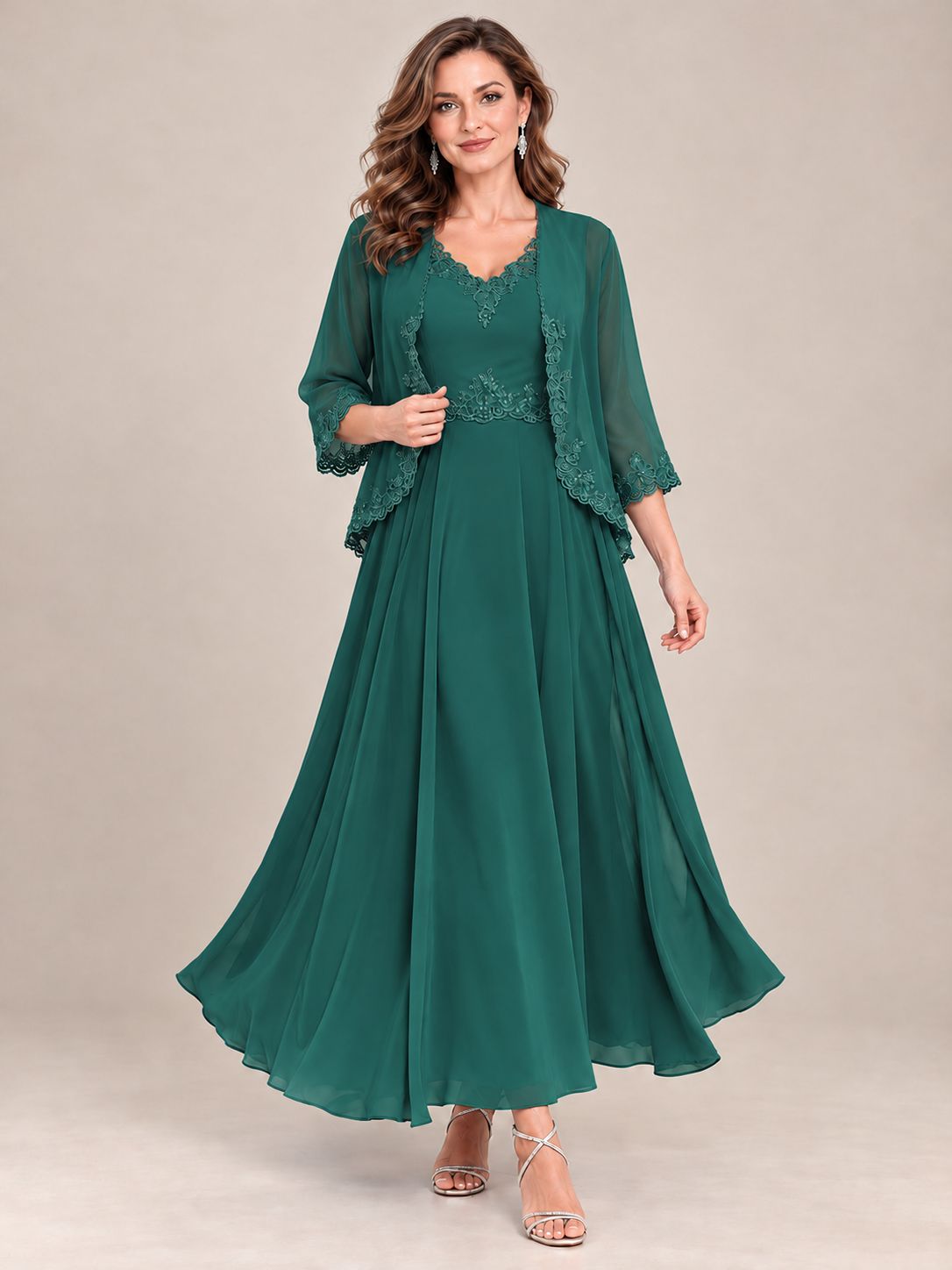 Dusty Blue Floral Lace Chiffon Mother of the Bride Dress with Jacket