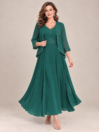 Dusty Blue Floral Lace Chiffon Mother of the Bride Dress with Jacket