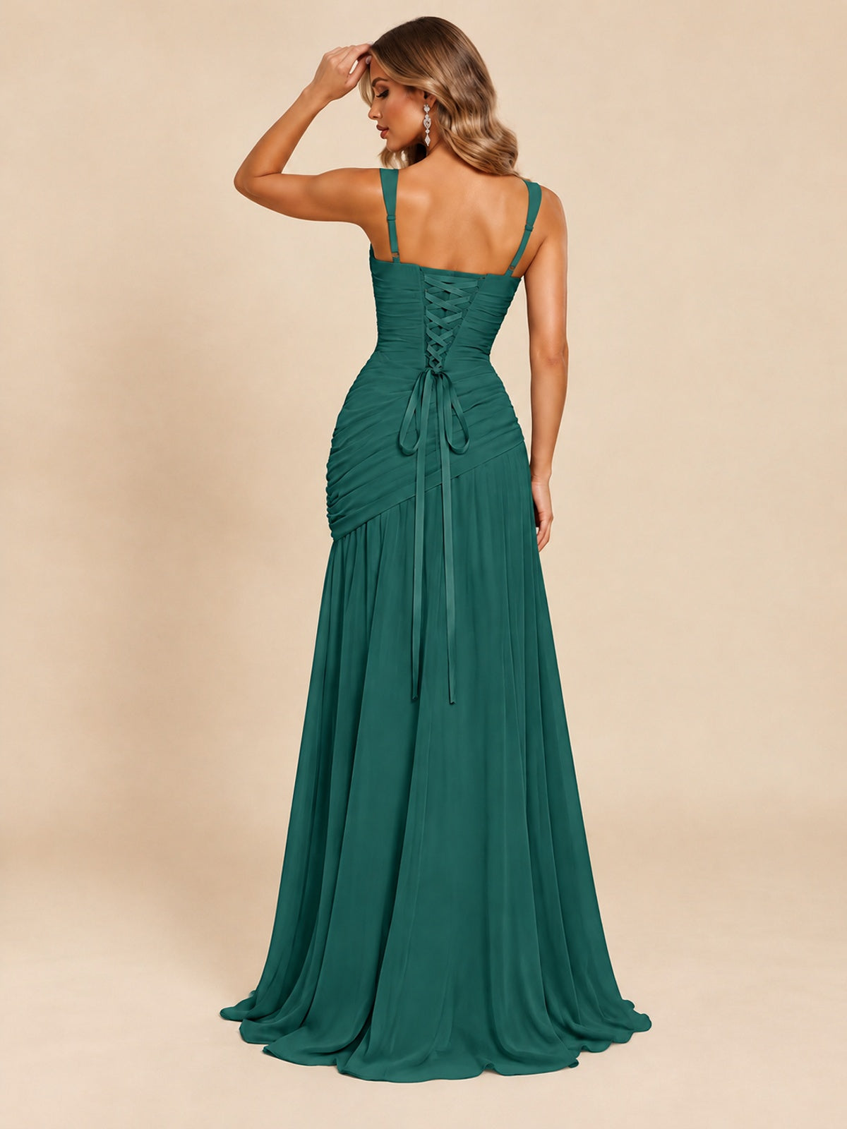 Wrap Pleated Prom Dress Scoop Neck with Slit Women Wedding Formal Dress