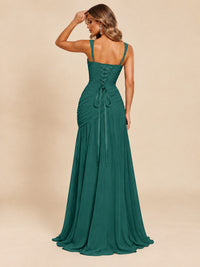Wrap Pleated Prom Dress Scoop Neck with Slit Women Wedding Formal Dress